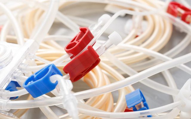 Bloodline tubes of hemodialysis machine. Health care, blood purification, kidney failure, transplantation, medical equipment concept.